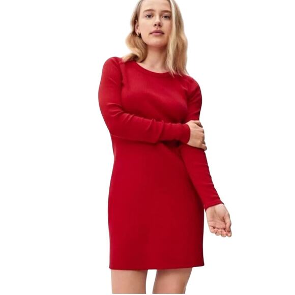 Everlane The Ribbed Mini Dress Red Long Sleeve Size Small - Picture 1 of 9